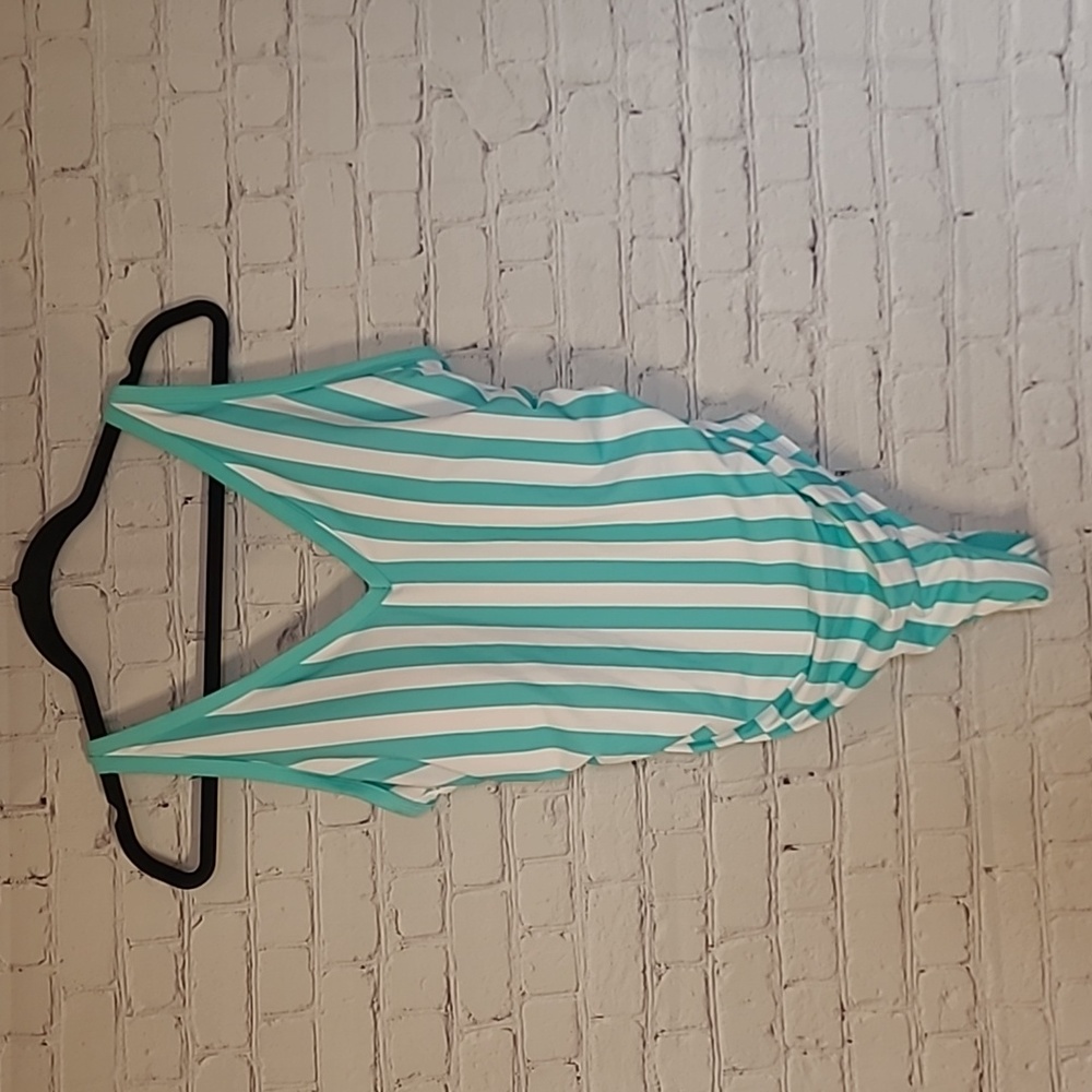 NEW Size 16W Kona Sol One Piece Turquoise Striped One Piece Bathing Swim Suit